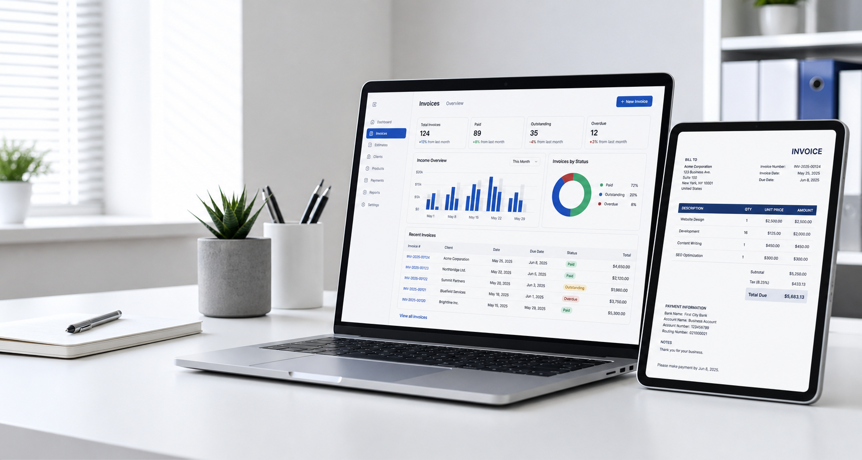 Dashboard dan invoice profesional pada laptop dan tablet