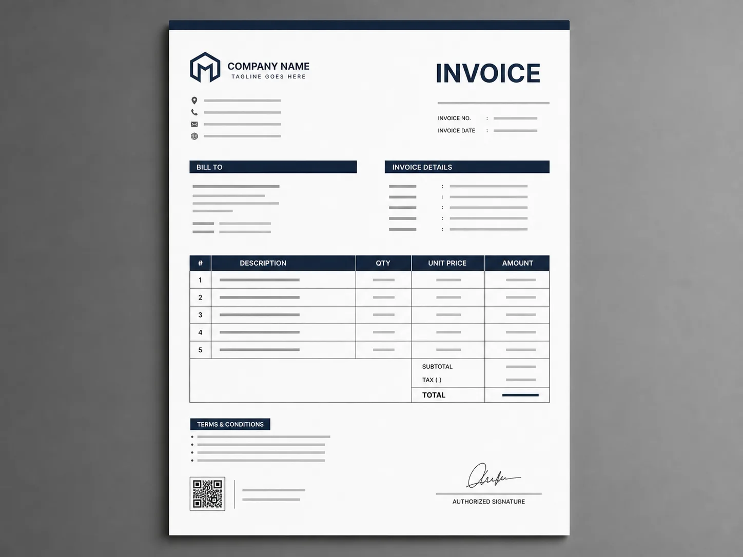 Preview template invoice Corporate Professional dengan struktur formal berwarna navy