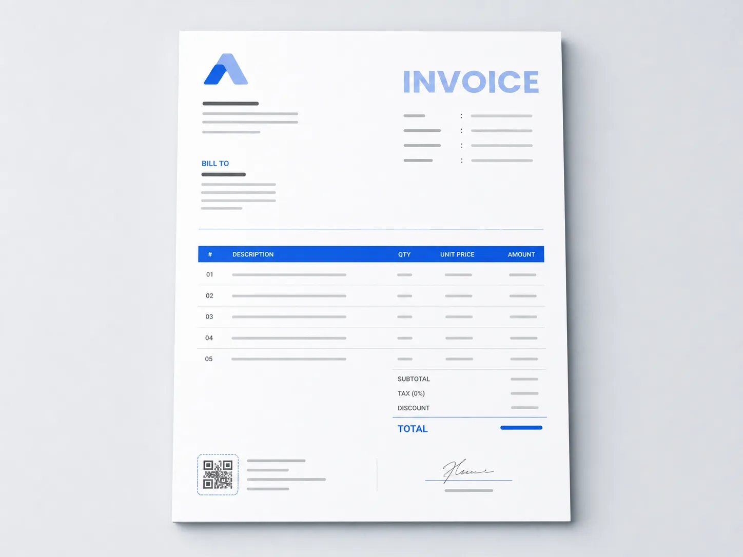 Preview template invoice Minimal Blue dengan aksen biru dan tata letak lapang