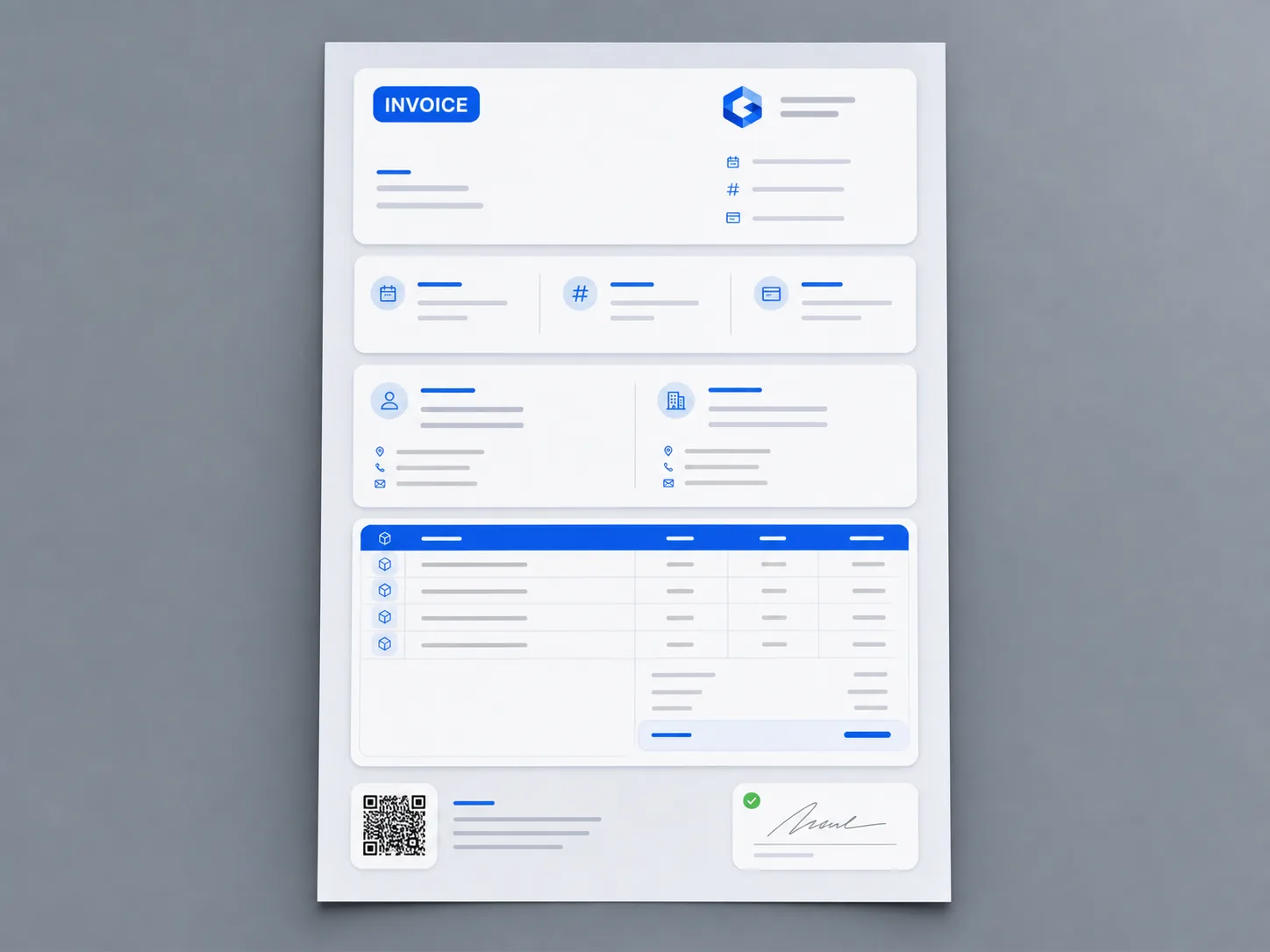 Preview template invoice Modern Card dengan susunan panel modern